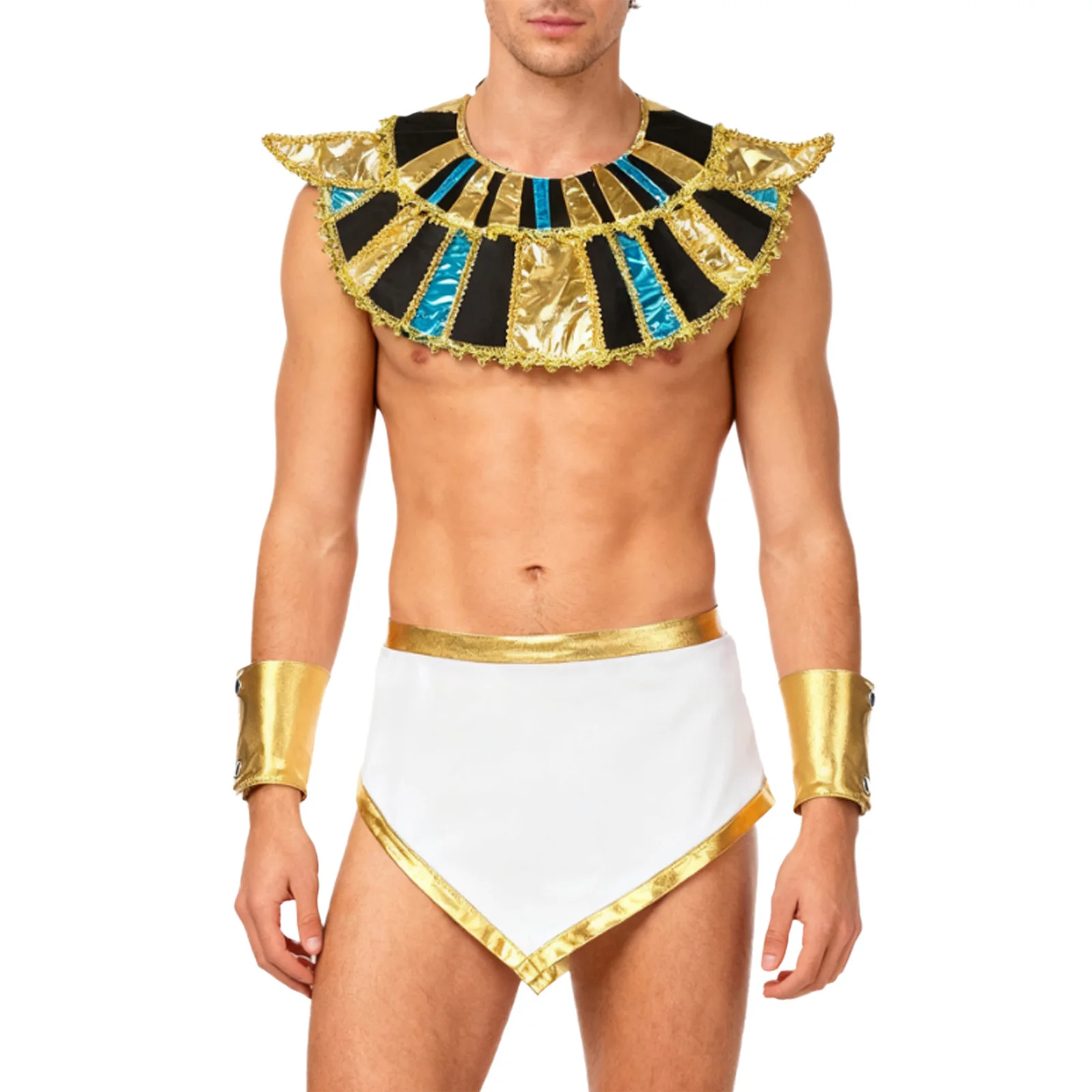 زي تنكري للرجال من مصر القديمة، تنورة ذات ياقة لامعة معدنية وأكمام جديدة لحفلات الهالوين التنكرية