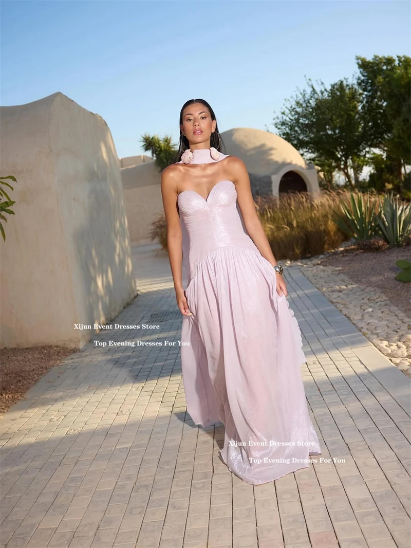 Xijun Pink Silk Satin Long Evening Dresses Sweetheart Scarf Sleeveless Formal Prom Dresses A-Line Pleated Prom Gowns Customized