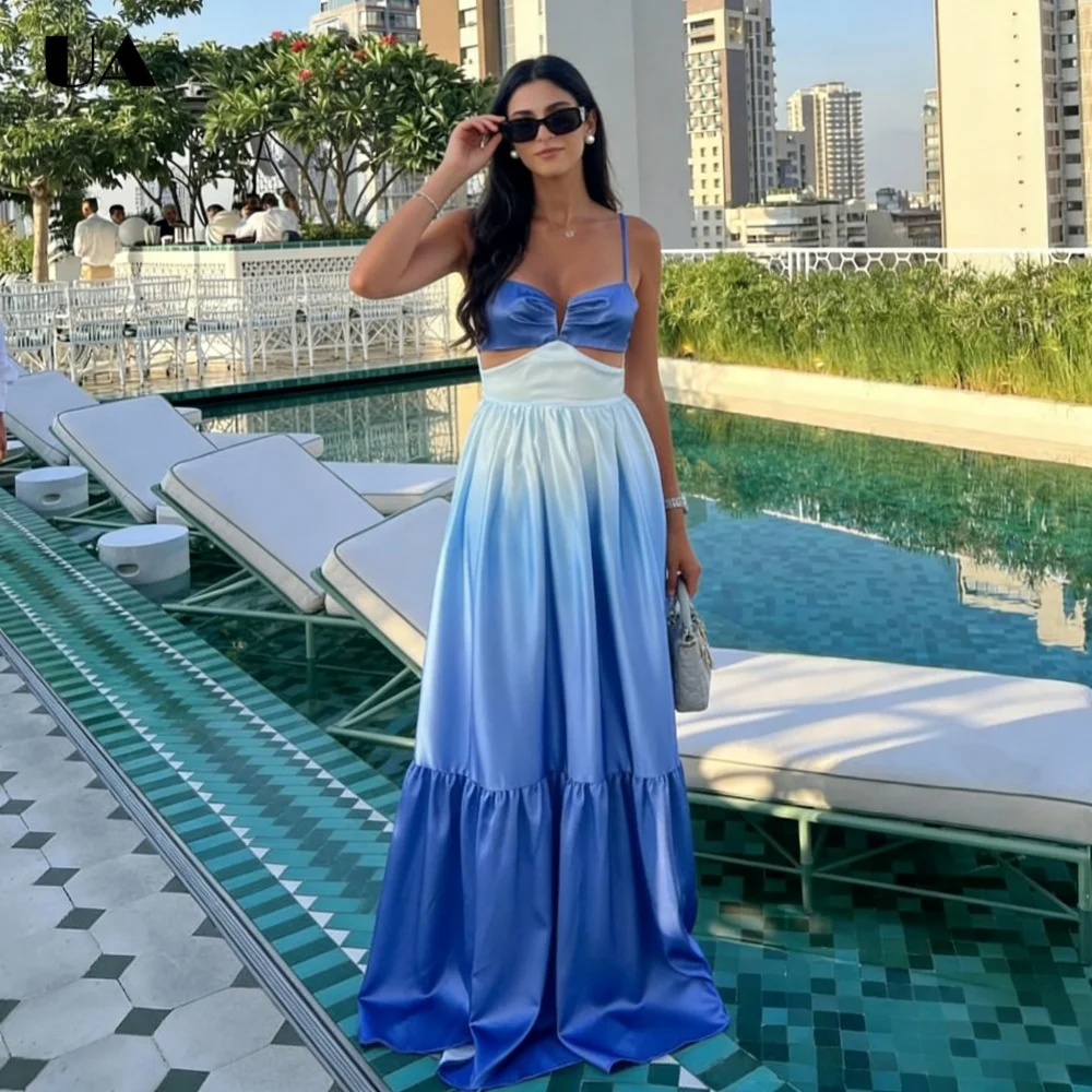 

Sexy Gradient Cutout Maxi Dress with Spaghetti Strap, Trendy V-neck Ruched Long Dress for Woman, Fashionable A-line Party Dress