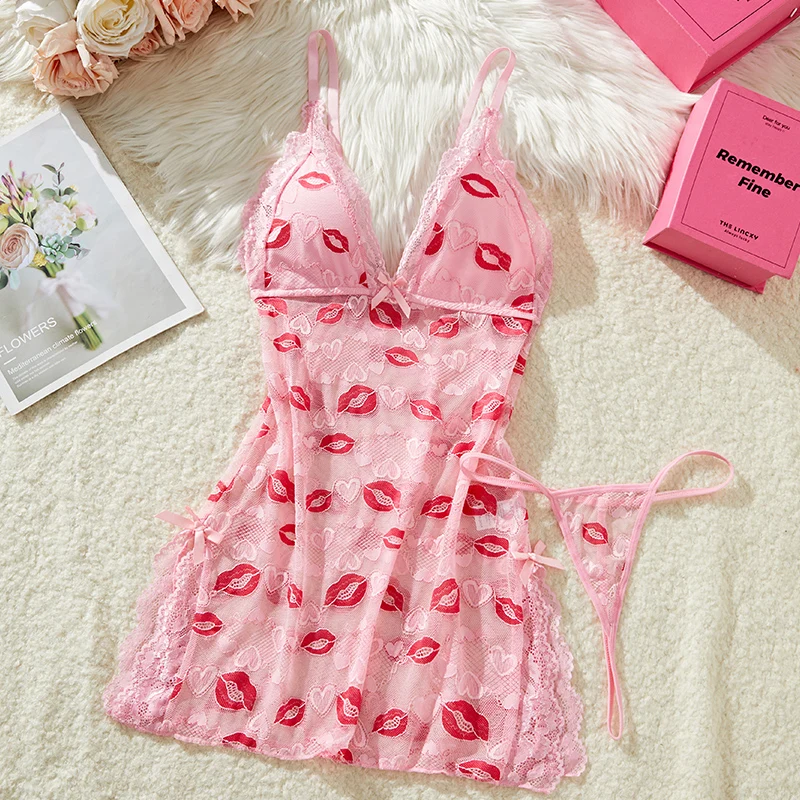 New Women's Lip Print Heart-shaped Printed See Through Pink Lace Backless Nightgown Babydolls Pajama Dress Set