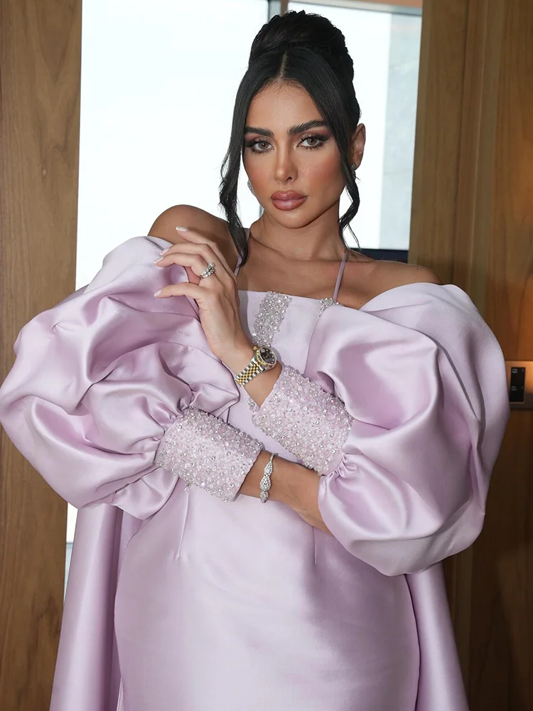 Jirocum Vintage Satin Meerjungfrau Ballkleider Damen Neckholder Puffärmel Perlen Abendkleid Bodenlanges Kleid für besondere Anlässe