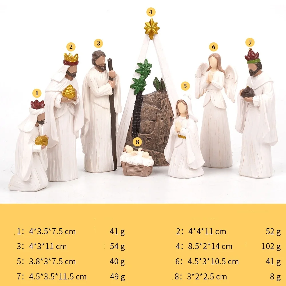 8 قطعة/المجموعة ولادة يسوع المهد مدير مجموعة عيد الميلاد الديكور الأسرة المقدسة الحرف تمثال الراتنج الأسرة المقدسة الجدول الحلي ﻿