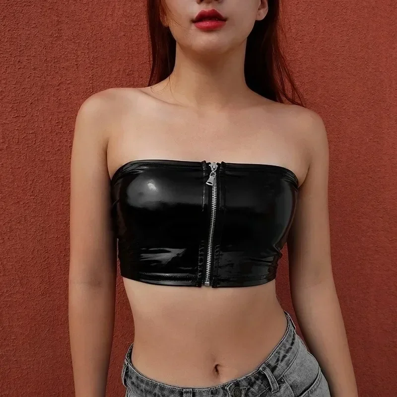 

New Sexy Women Crop Top Tee Shirt Club Faux Leather Off Shoulder Bra Tank Women's Fashion Casual Shoulder Zipper Crop Top