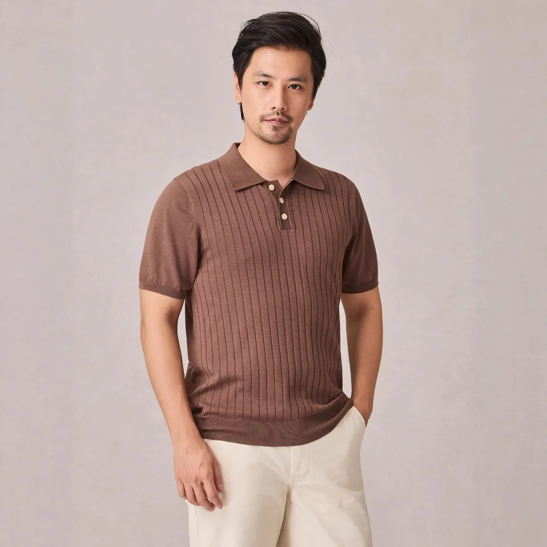 Men's Striped Casual Trendy Simple Basic Turn-down Collar Short Sleeve Slim Knitted T-shirts Male Summer New Fashion Top Clothes