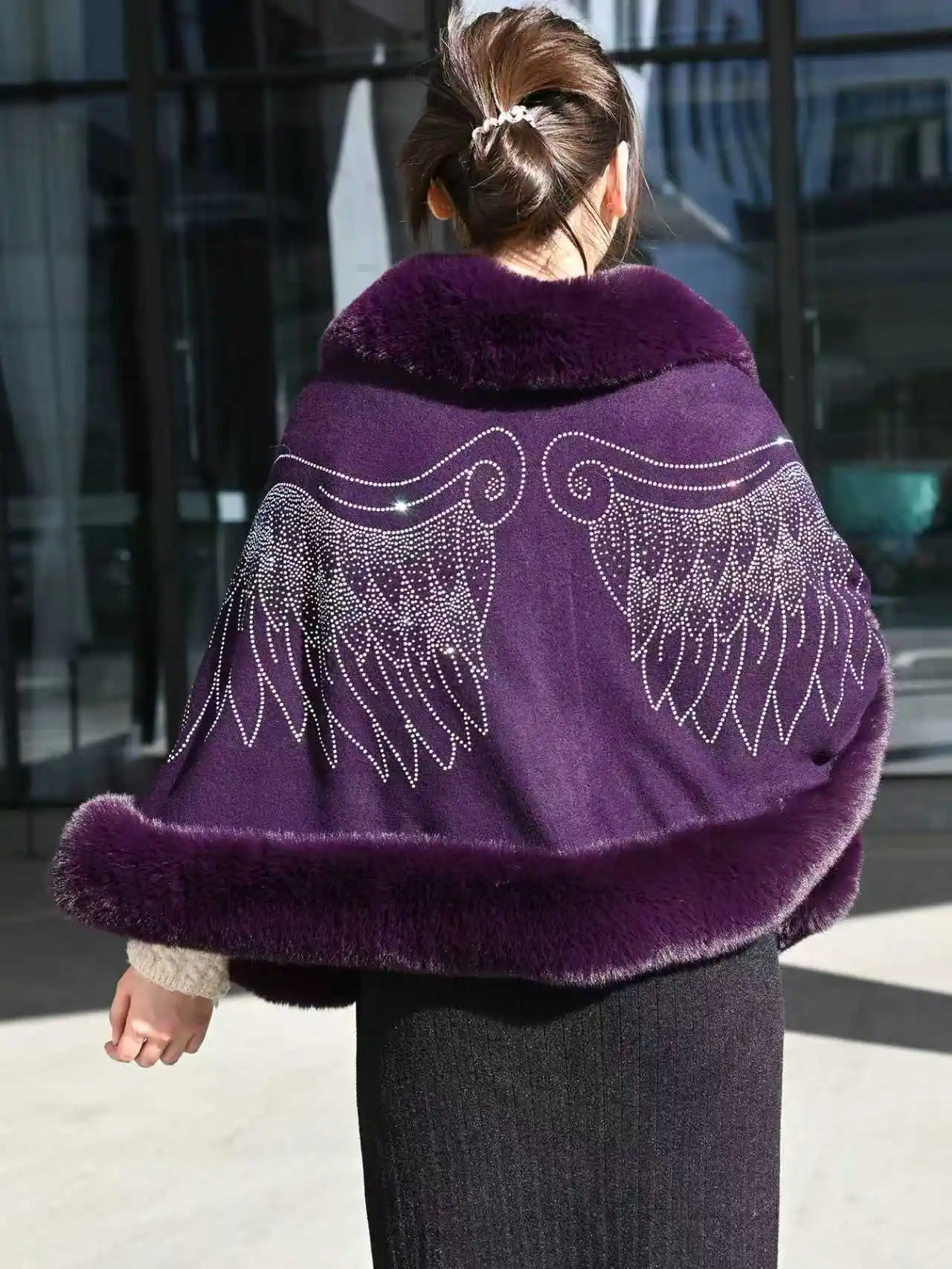 Women's Angel Wing Rhinestone Poncho Shawl Faux Fur Trim Warm Cape Wrap