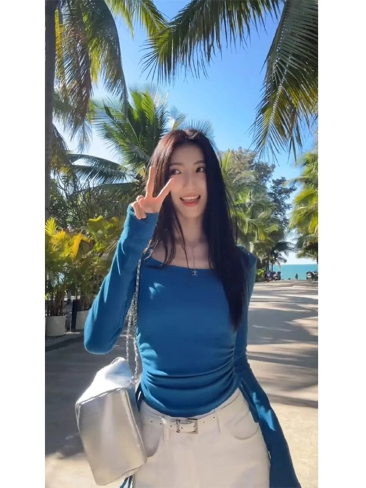 Slim Fit Long Sleeve Square Neck T-Shirt Women's Base Layer Short Style Top Drawstring Design Black Color Korean Style Commute