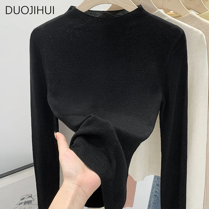 DUOJIHUI-Pull à manches longues et col rond pour femme, classique, jaune, solide, document, mode simple, décontracté, bureau, automne