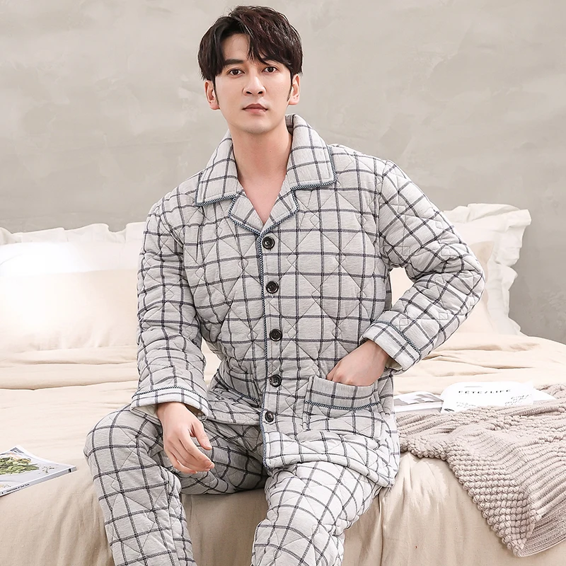 Winter Knit Cotton Pajamas For Men Thick Three-layer Quilted Sleepwear Suit 2 Pcs Pyjama Homme Warm Casual Home Clothing Pijamas