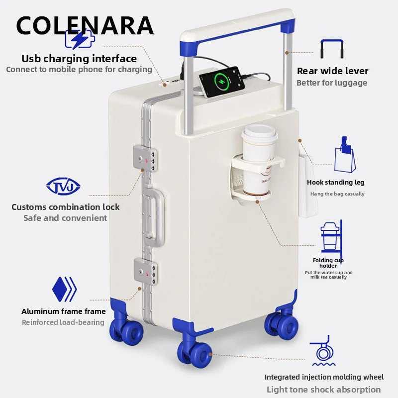 COLENARA ABS+PC Zipper Suitcase Front Opening Boarding Case Aluminum Frame Trolley Case 20