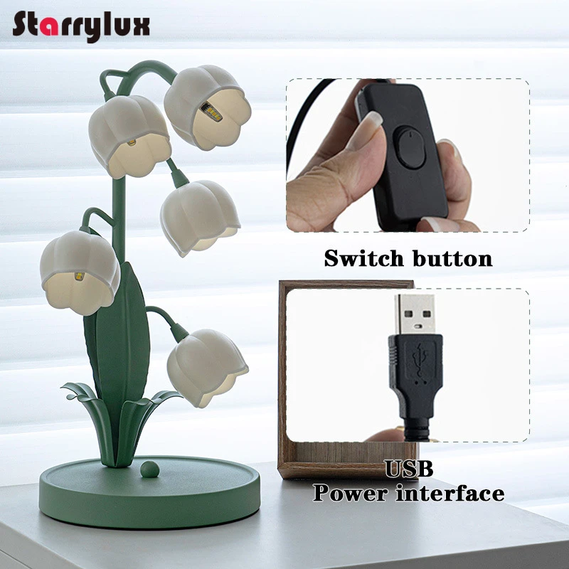 

French Country Lily of The Valley Night Light, 5-Bud LED Bedside Lamp for Bedroom Nordic Decor table lamp