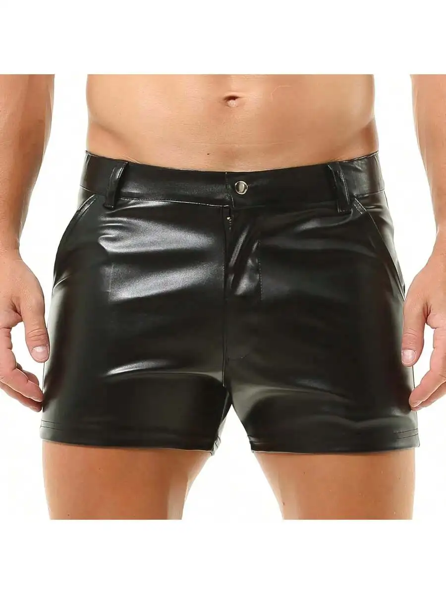 Mens PU Leather Shorts Elastic Waist Zipper Pocket Club Party Short Pants