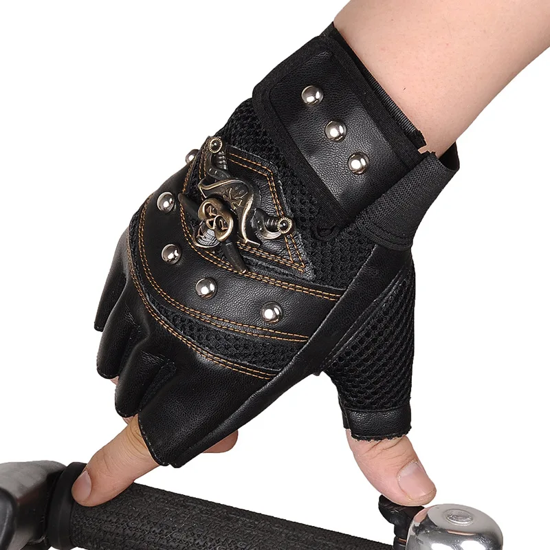 Pirat Captain PU Leather Fingerless Gloves Men Women Skulls Rivet Mitts Hip Hop Gym Gloves Female Moto Half Finger Gloves