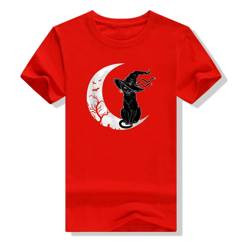 Moon Halloween Scary Black Cat Costume Witch Hat Womens T-Shirt Cat-Lover Aesthetic Clothes Graphic Tee Tops Gifts Cotton Outfit