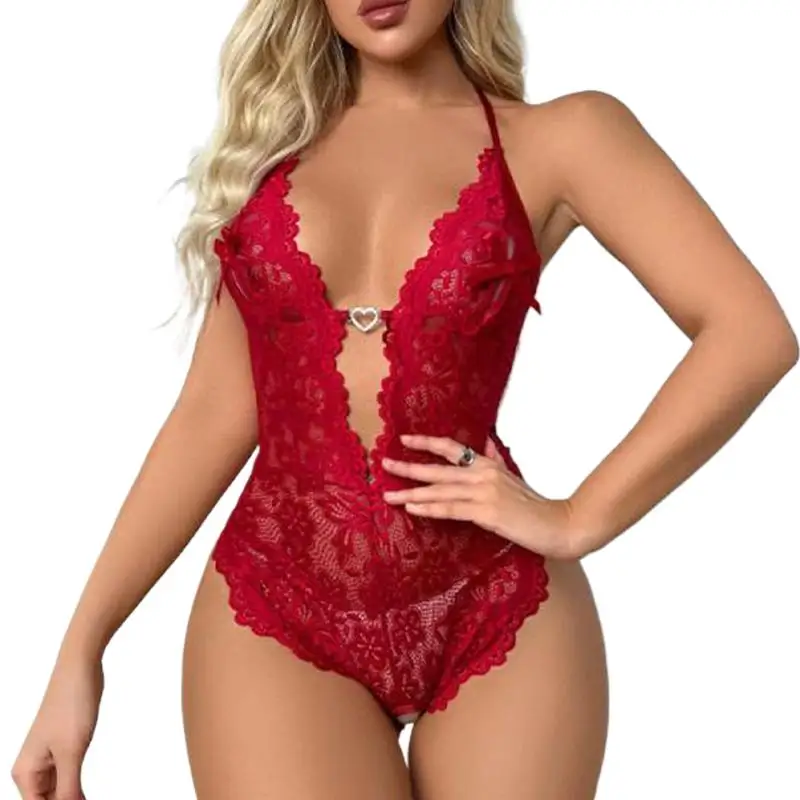 New Crotchless Red  Lingerie Women Lace Hollow Bodysuit  Costumes Teddy Baby Doll Dress Deep V Open Bra Porn Underwear
