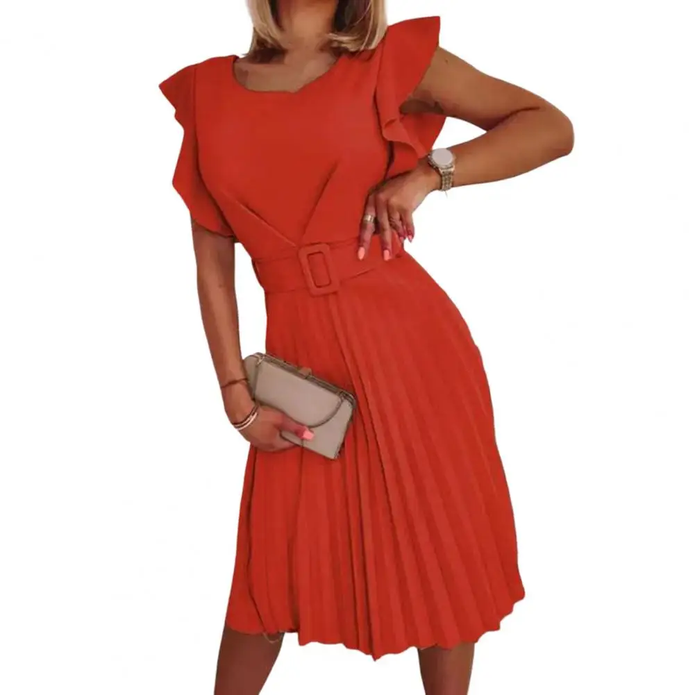 Office Lady Midi Pleated Dresses 2024 Summer Elegant Women's O-Neck Butterfly Sleeve Sashes A-line Dresses For Women Robe Femme