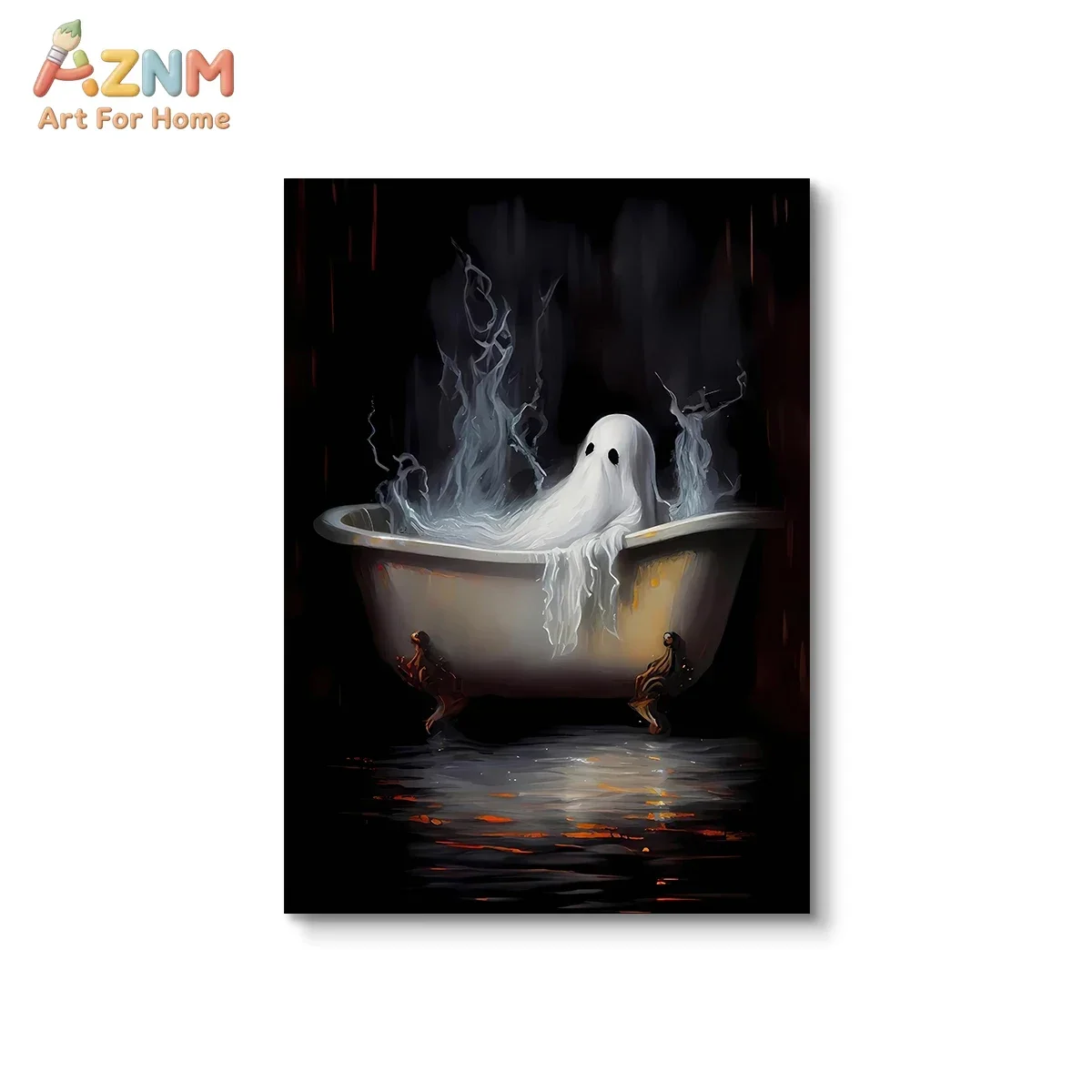 AZNM Funny Casual Ghost Canvas Wall Art Flower Bathtub Toilet Reading Ghost Print Gothic Halloween Bathroom Home Decor
