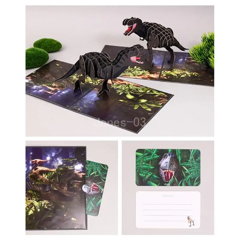 Q6PE 3D Dinosaur Pop-Up Greeting Cards for Happy Birthday New Year Postcards with Envelope Christmas Kids Gift