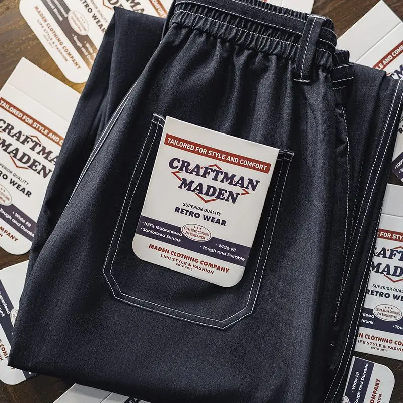 

Мужские повседневные брюки Maden American Retro с прямыми штанинами, эластичным поясом, имитация денима, весна-осень, не требуют глажки, свободный крой, рабочая одежда