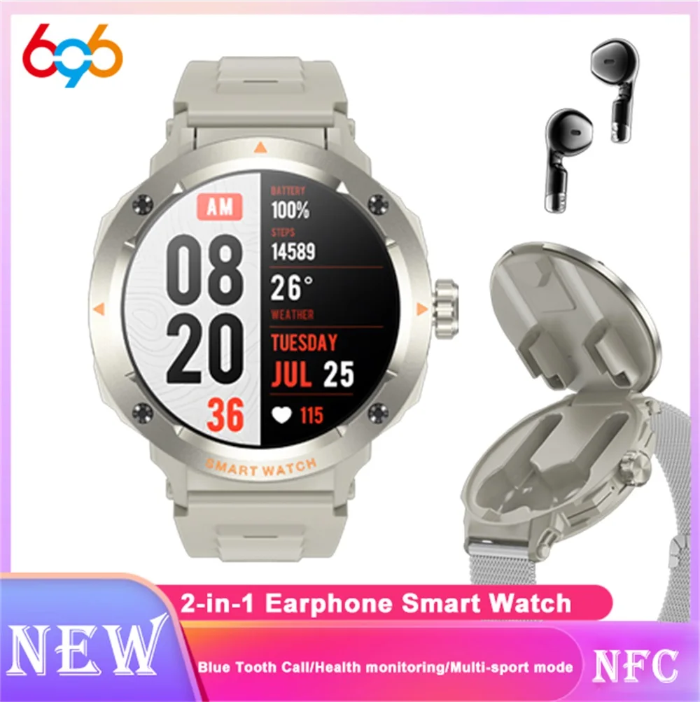 

Newest 2 In 1 Headset Smart Watch Blue Tooth Call Heart Rate Health Music Headphone Watches Sports NFC Smartwatches Calculator