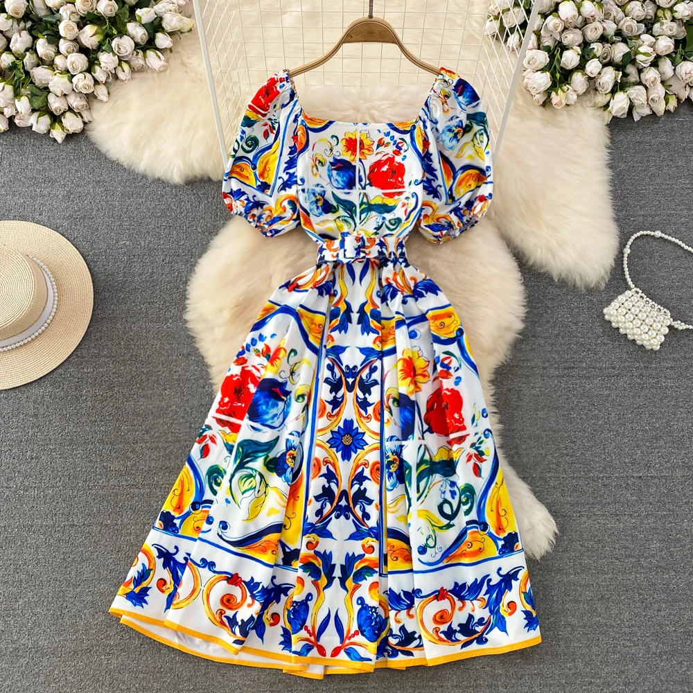 Jamerary Runway Sommerferien Blumen Midi Kleid Frauen sexy Slash Neck Kurzarm bedruckte Kleider Strand lange Vestidos weiblich