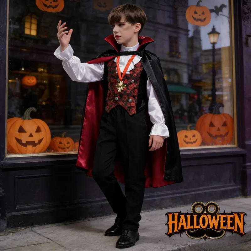

Boys Vampire Costume Set Kids Halloween Role Play Outfit Stage Performance Spooky Cape Fangs Dramatic Fun Themed Look