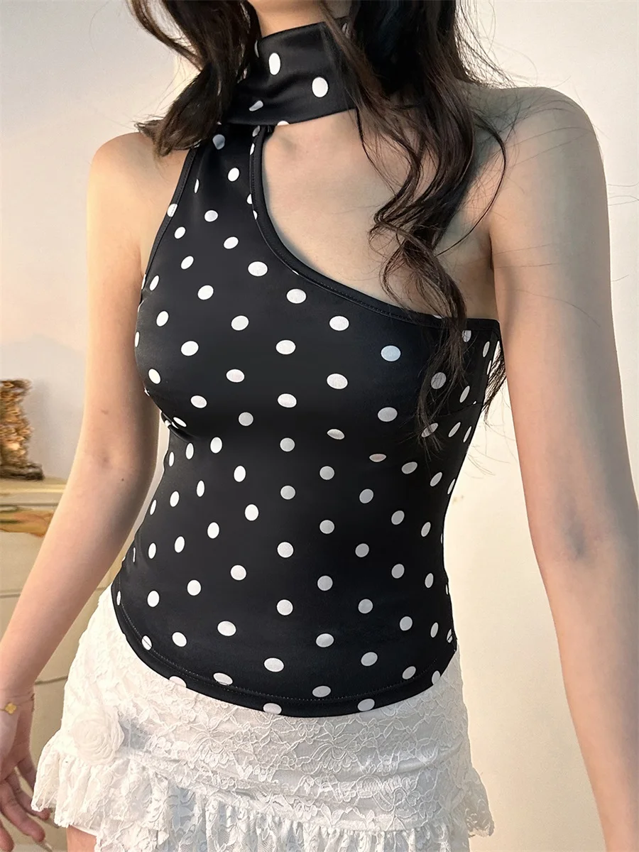 Y2k Polka Dot Tank Top for Women One Shoulder Sleeveless Halter Crop Top Backless Camisole with Scarf