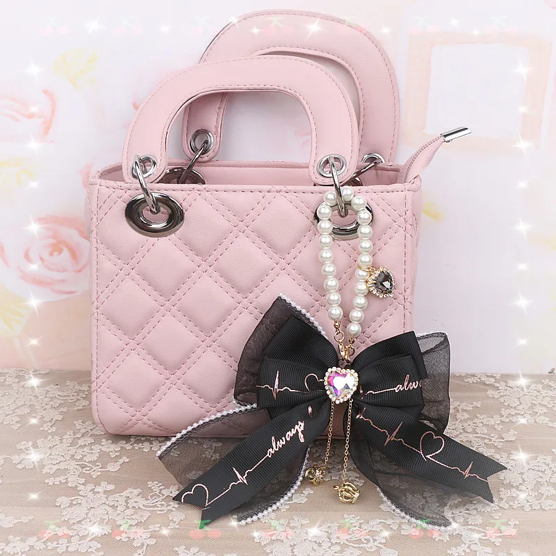 Y2k Lolita Bag Pendant Decor Accessories Imitation Pearl Bow Key Ring Ribbon Rhinestones Keychain Cute Accessary