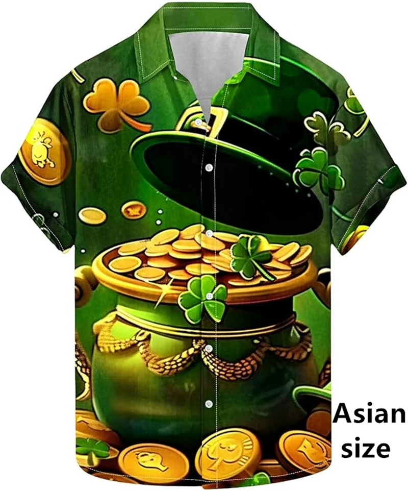 Summer Hawaiian Shirts For Men Women St. Patrick's Day 3d Print Lucky Clover Shirts Unisex Fashion Beach Casual Harajuku Blouses