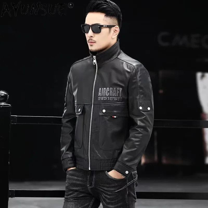 AYUNSUE 100% Genuine Cow Leather Jacket Men Top Layer Cowhide Leather Jackets Short Motorcycle Leather Coat Jaqueta Masculina