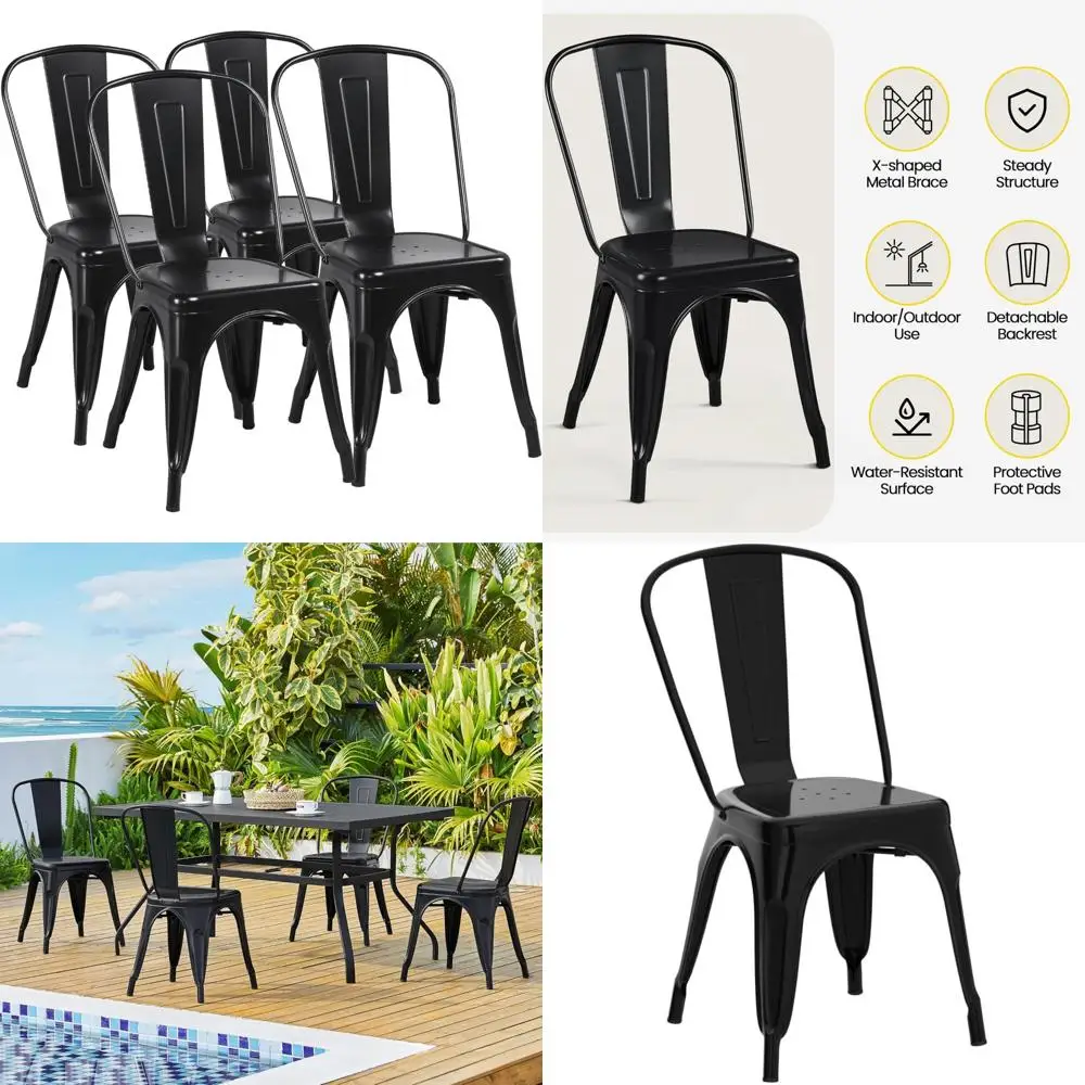 Industrial Stackable Metal Kitchen Chairs Set of 4 for Dining Rooms, Restaurants, Bistros, and Patios with Back Support