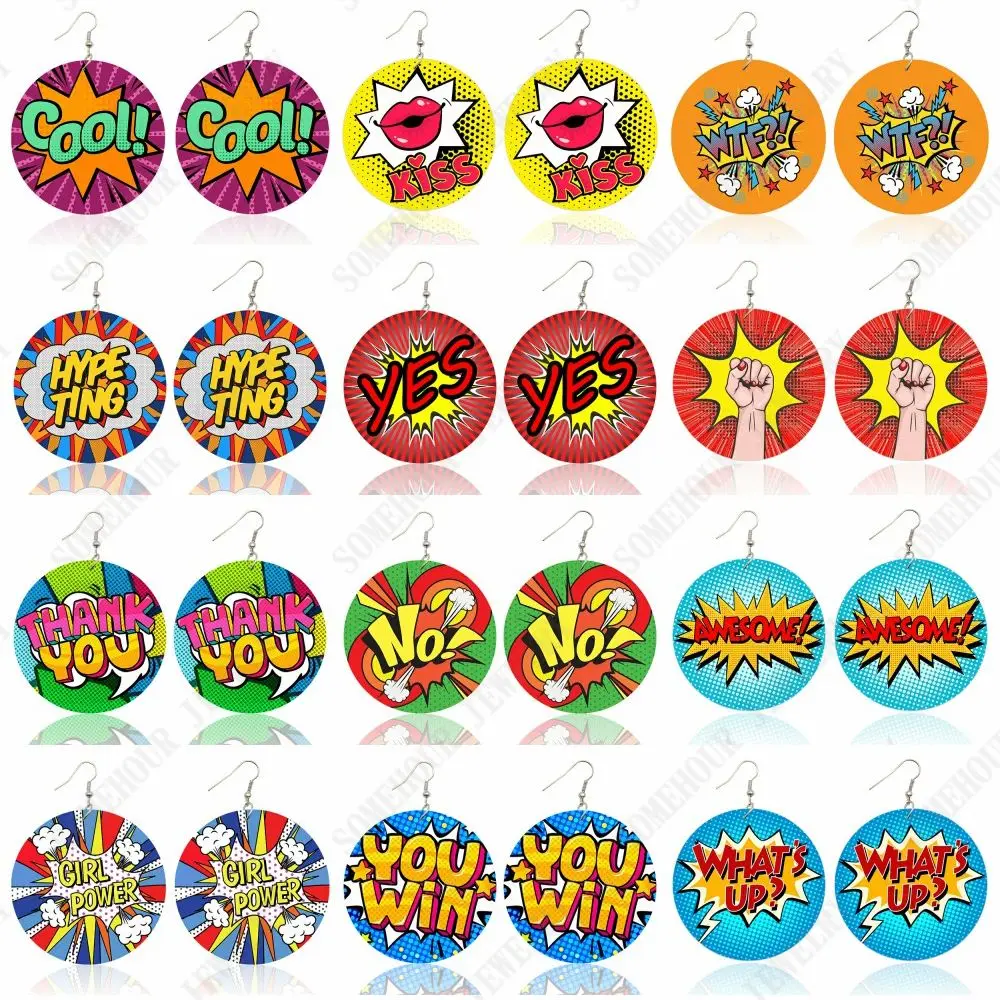 

SOMEHOUR Cartoon Bubble Art Printed Wooden Drop Earrings Cool Kiss WTF Awesome Comics Hiphop Loops Dangle Jewelry For Women Gift