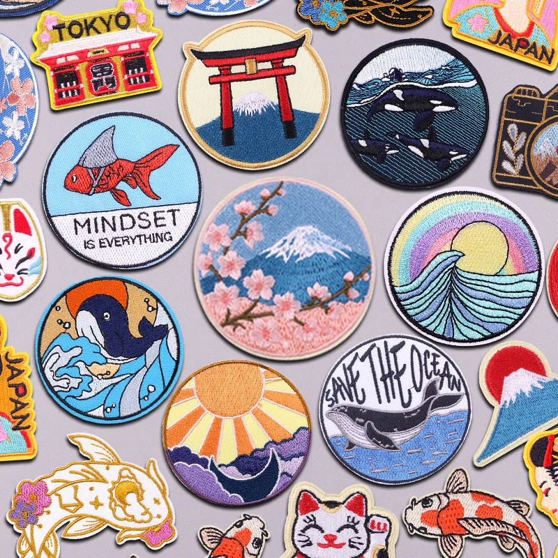 Japan Kirschblume bestickte Patches Japan Welle Fisch Katze Eisen auf Patches für Kleidung thermoadhäsive Patches schmelzbaren Patch