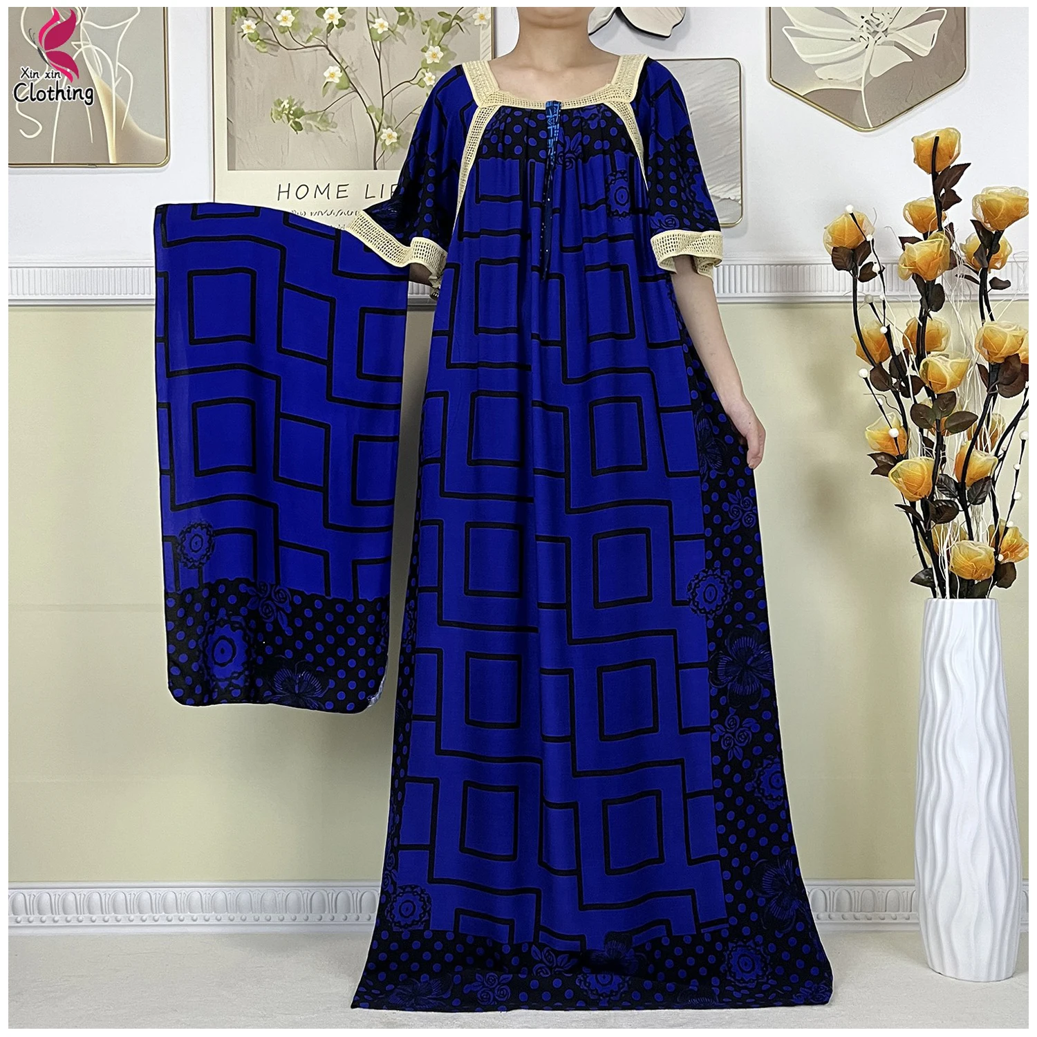 New High Quality Dresses Muslim Abayas For Women Dubai Elegant Lady Maxi 100% Cotton Embroider Print African Caftan Loose Robe