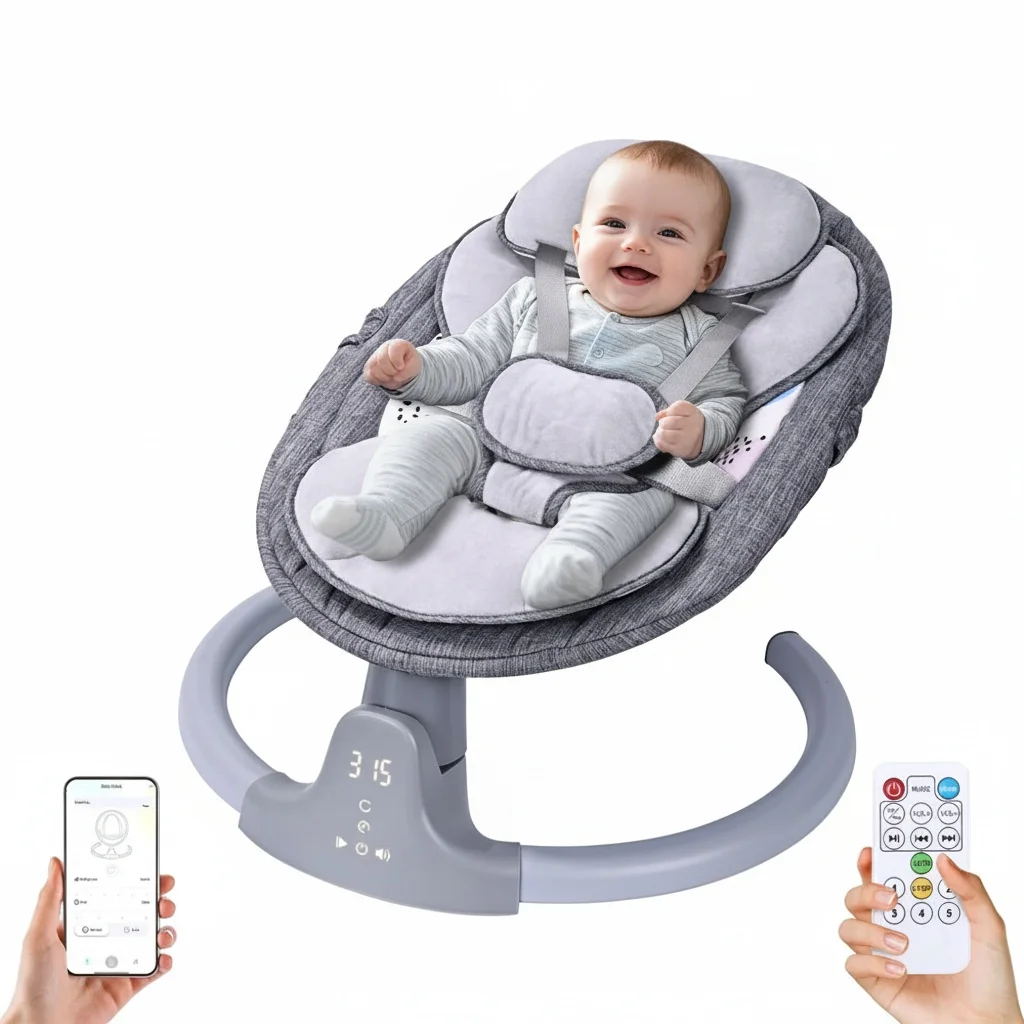 Mecedora para cama de bebé, coctelera para columpio para bebés, mecedora eléctrica portátil para bebé con control remoto de 5 velocidades oscilantes, color gris