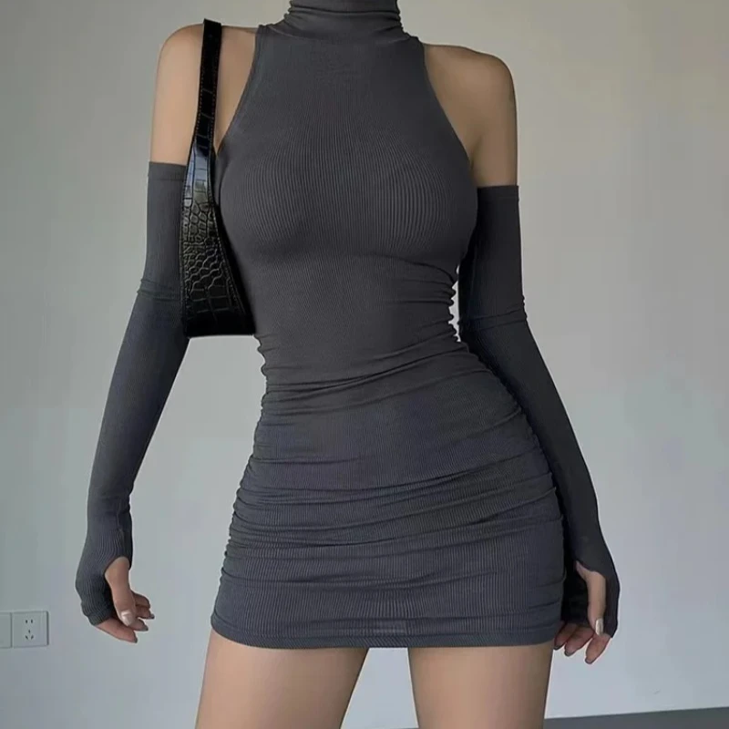 Vestido ajustado fruncido para mujer, Mini Vestidos de cuello alto con mangas, Vestidos de fiesta elásticos ajustados negros de otoño, ropa de moda Y2K