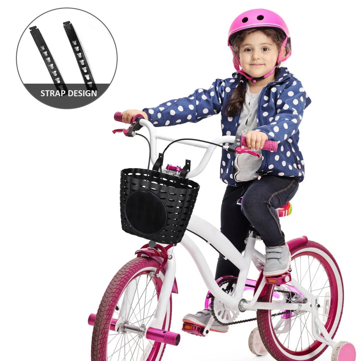 

Black Plastic Children Bike Basket Detachable Thickened Storage Basket for Kids Bicycle Handlebar Strap Design