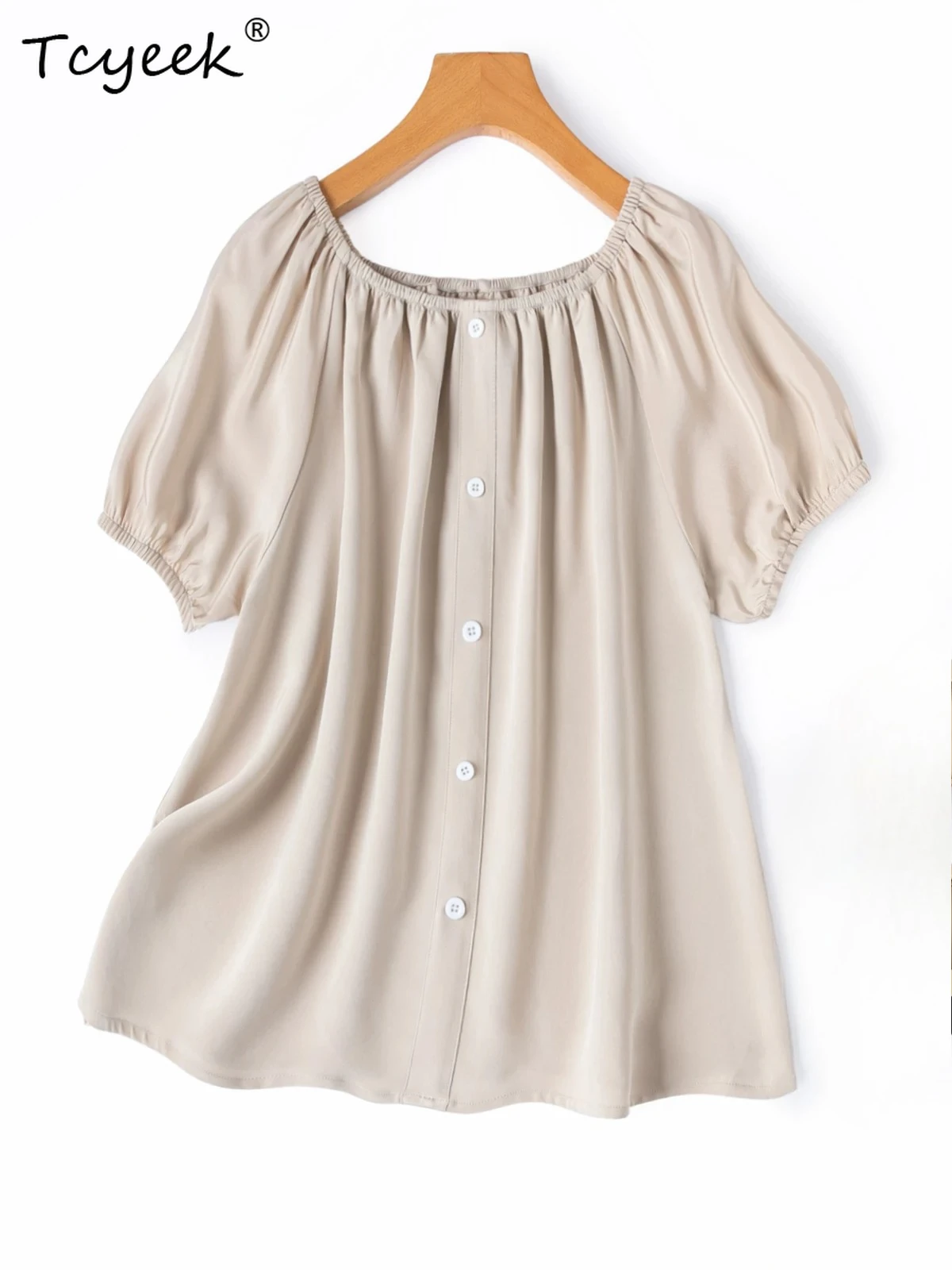 

Tcyeek 93% Mulberry Silk Elegant Shirts for Women 30MM Silk Womens Tops Summer Clothes Short Sleeves Tee Loose Camisas De Mujer