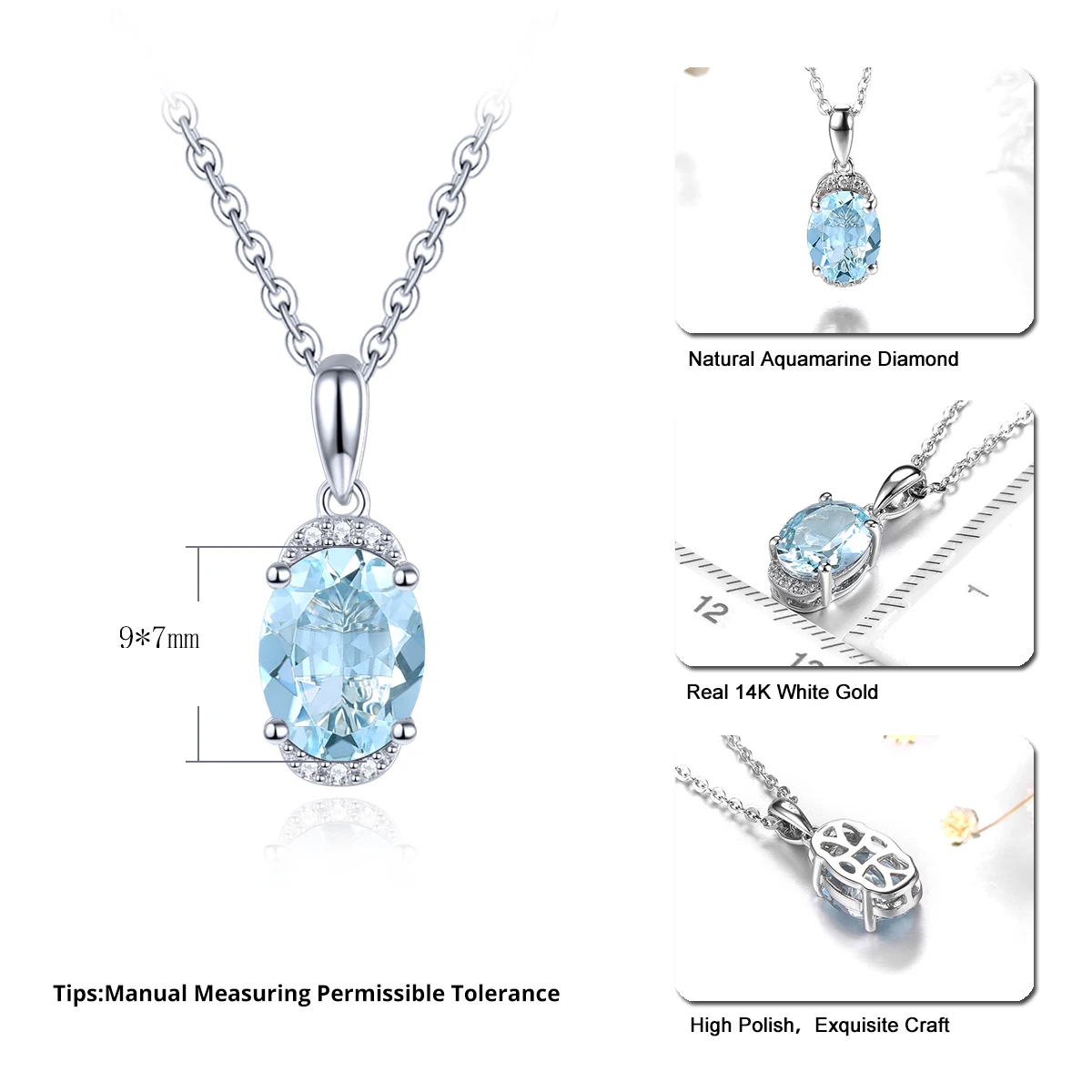 Lohapsie Natural Aquamarine Diamond Real 14K White Gold 1.4 Carats Light Blue Gemstone Women Classic Romantic Fine jewelry