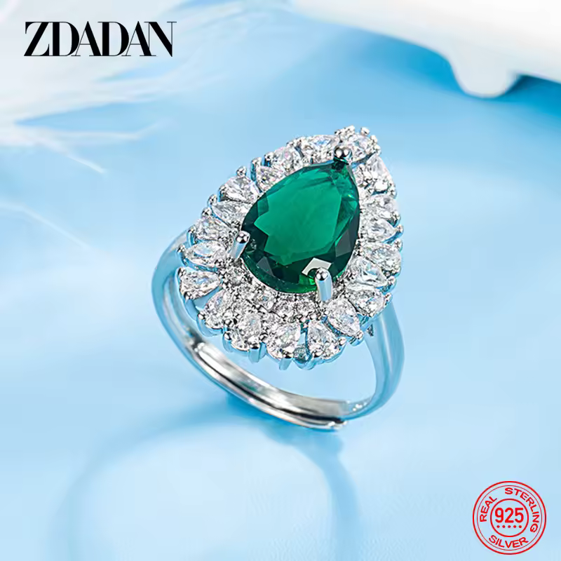ZDADAN 925 סטרלינג כסף מים זרוק אמרלד מתכוונן טבעת עבור נשים תכשיטים