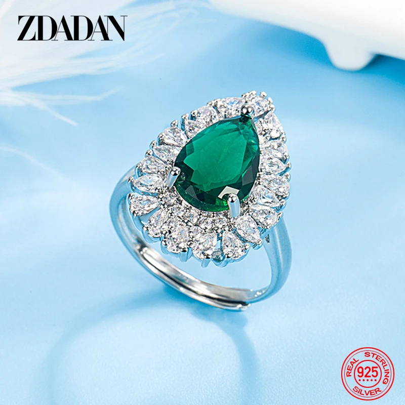 ZDADAN 925 Sterling Silver Water Drop Emerald Regulowany pierścionek dla kobiet Biżuteria modowa