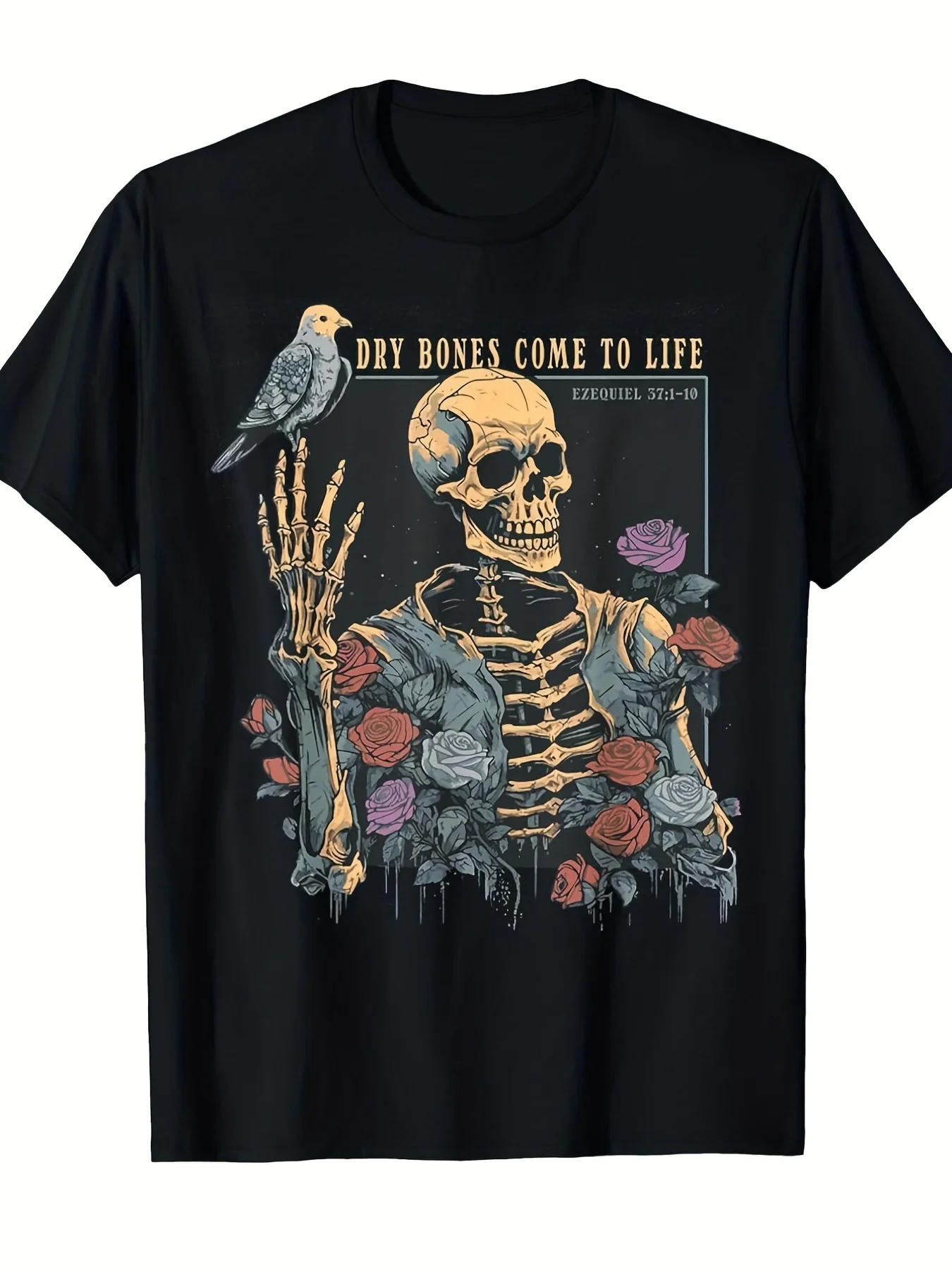 Black Gothic Verse Tshirt  Ezekiel 37 45 Inspired Dry Bones Come To Life Design Loose Fit Short Sleeve Crew Neck Casual Tee With Skeletal Rose Print  All-Season, Vintage Style, Crew Neck, Slight Stretch Fabric, Perfect For Adult,