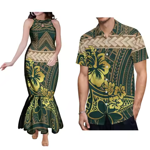 Tax Free Floral Print Polynesian Couple Set Samoa Tonga Ladies Fashion Evening Dress Hip Wrap Fishtail Dress Party Men'S Shirt