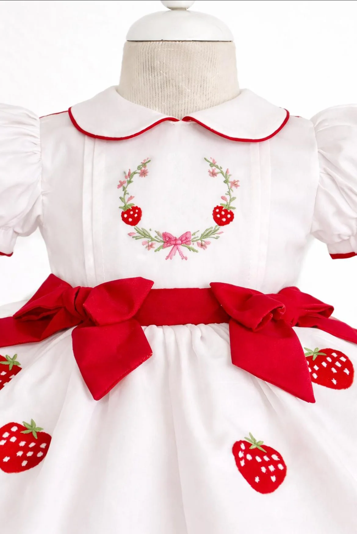 Girls Summer White Vintage Princess Dress Strawberry Embroidery two Bows for Wedding Birthday Party Holiday Photography B596