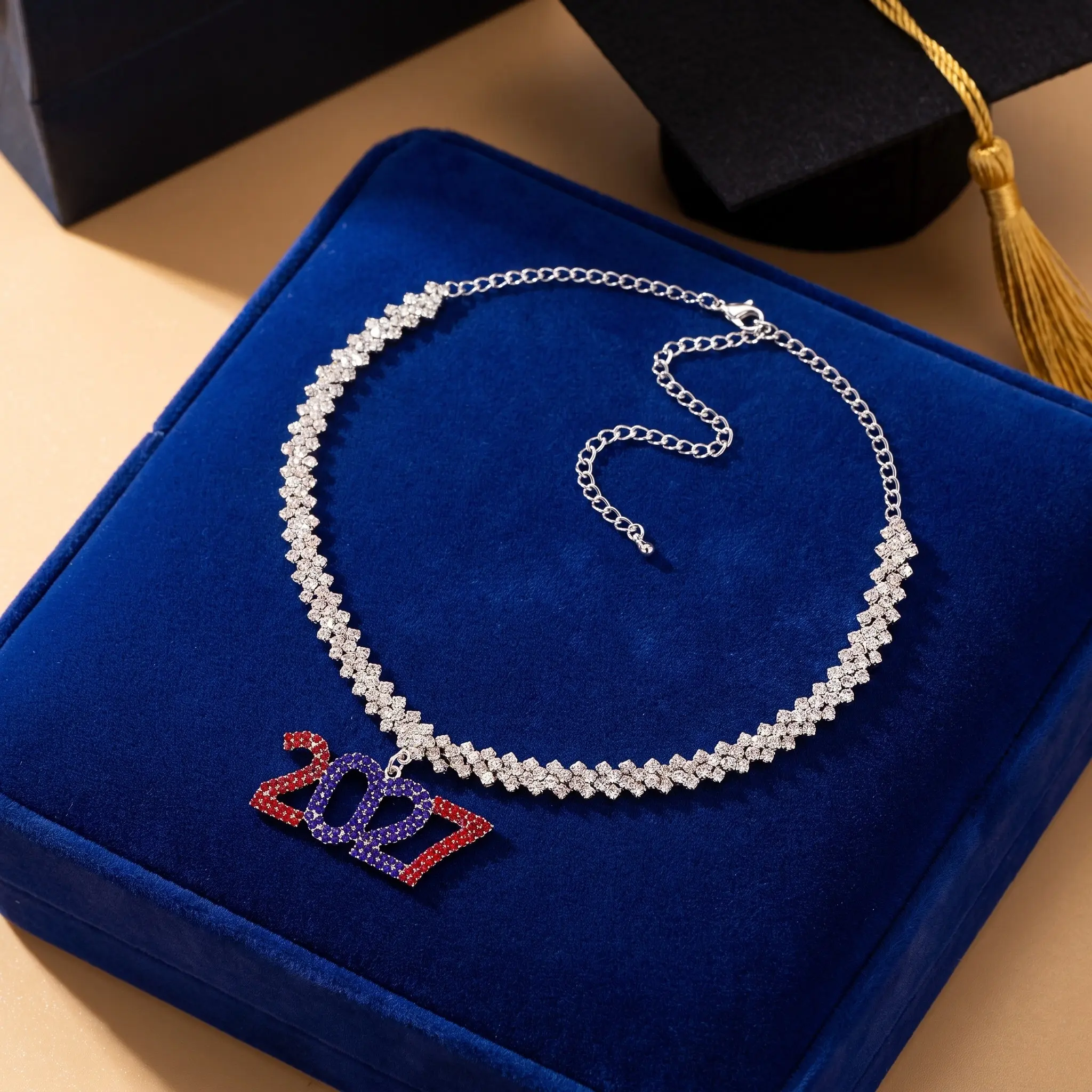 2027 Independence Day Usa Rhinestone Pendant Necklace Sparkling Party Jewelry Patriotic Statement Necklace for Fourth of July