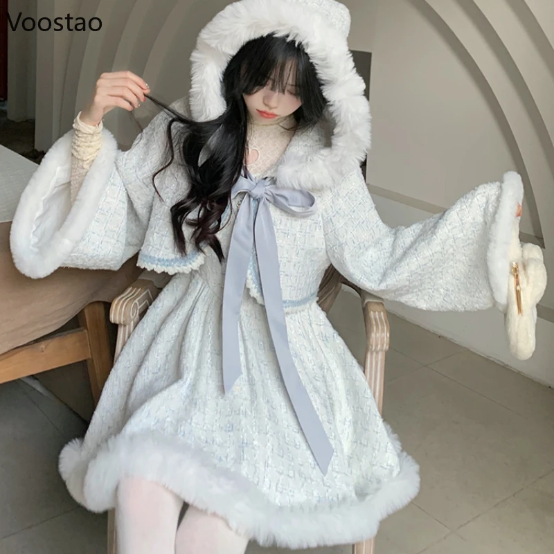 

Spring Sweet Lolita Style 2 Piece Dress Sets Women Sweet Plush Patchwork Hooded Coats Mini Dress Suit Female Japanese Outfits