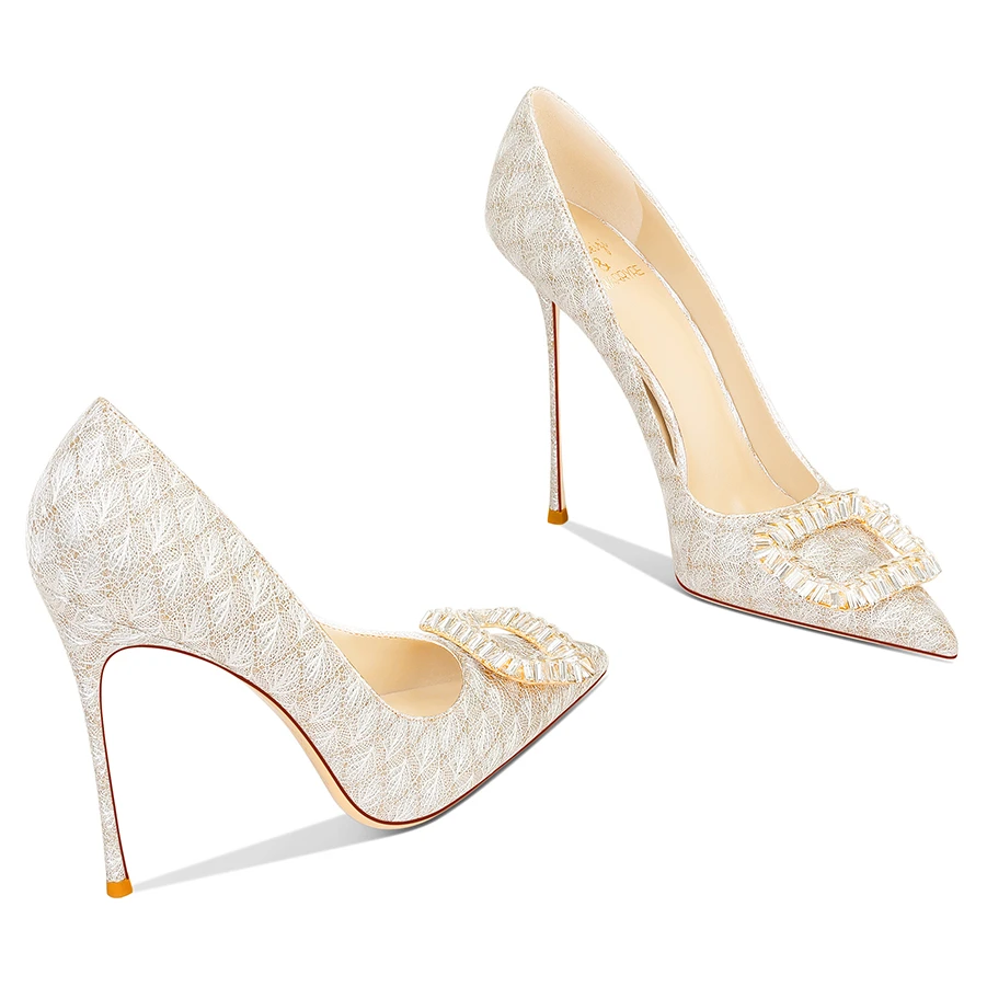 

Женские светло-золотые туфли на высоком каблуке-шпильке со стразами и квадратной пряжкой, нишевый стиль, новинка 2025, женские туфли-лодочки с острым носком