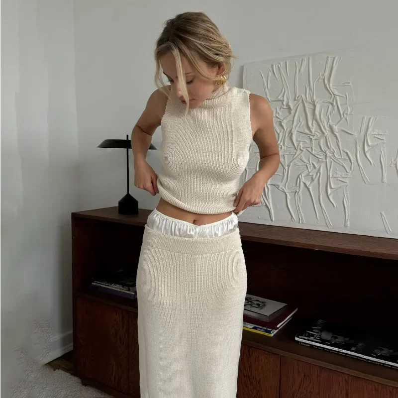 

2025 Elegant Long Skirt Two-piece Set Women's Sleeveless Knitted Turtleneck Vest Slim Skirt Set Female New Fashion Skirt Set