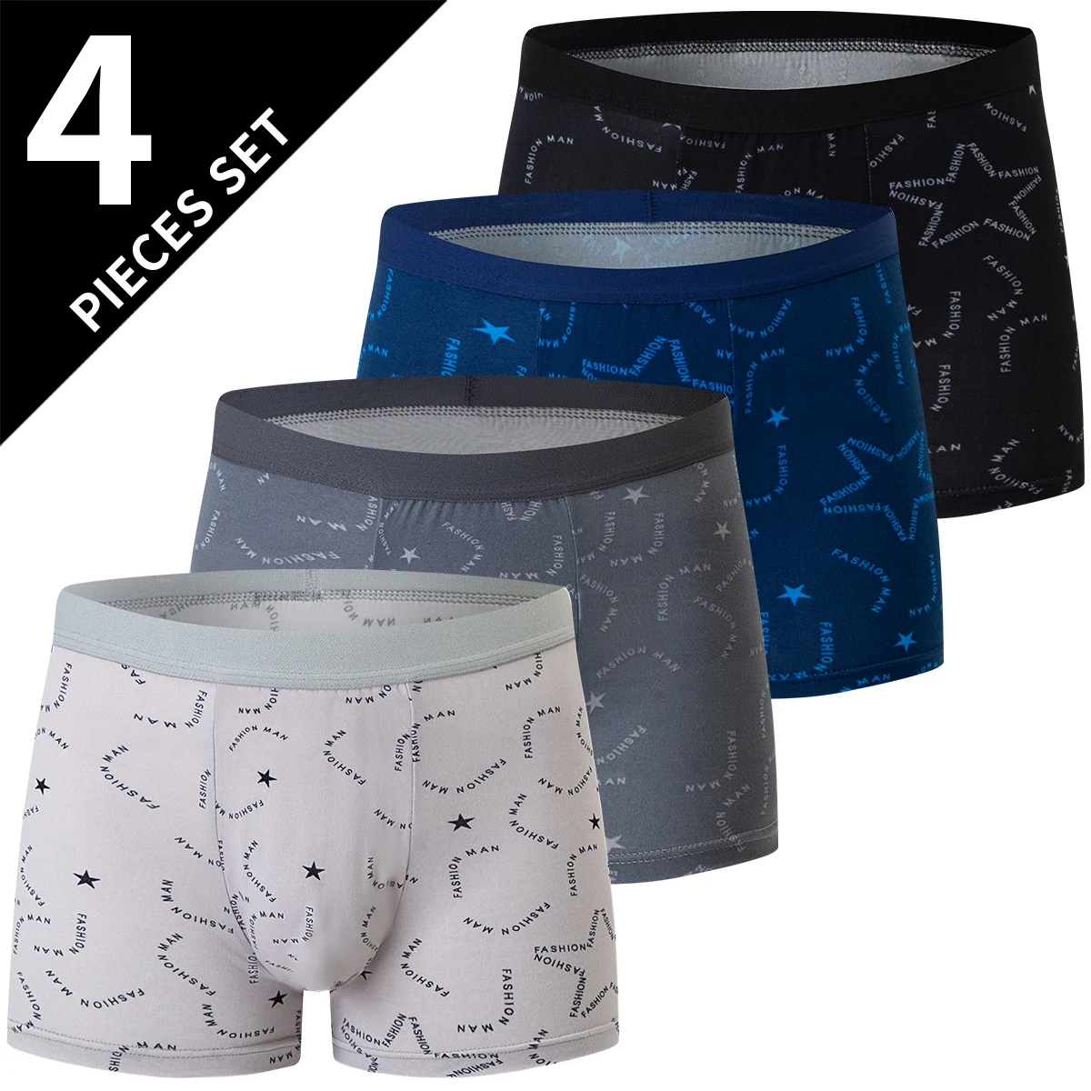 4-piece men\'s underwear comfortable and fashionable plus-size printed boyshort maximum 6XL swimming trunks for teenagers.