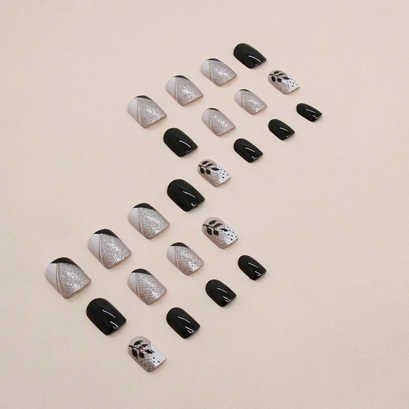 24 pieces of short square black leaves, French style color matching, fashionable and whitening, wearing armor+1 nail file+1 piec