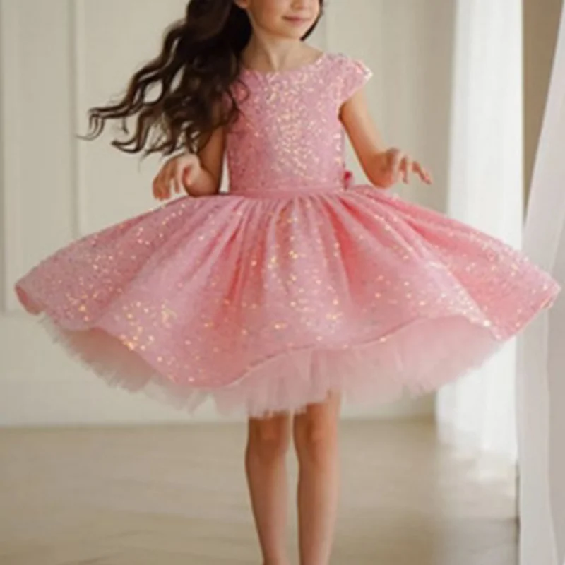 Customized Elegant Sweet Flower Girls Dresses Sequined Ball Gown Princess Vestidos O-neck Short Flying Sleeve Kids Birthday Part